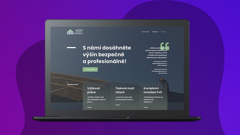 Ukázka designu stránky pro služby výškových prací - Součást našeho portfolia ve webdesignu