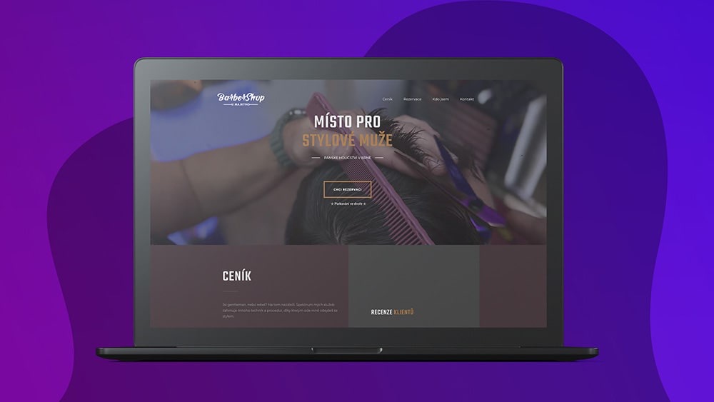Portfolio návrh: Mockup webové stránky barbershopu demonstrující naši expertízu v web designu a WordPress vývoji