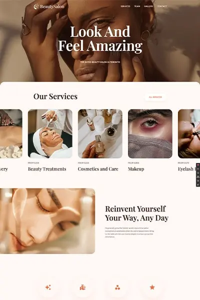 Ukážka wordpress šablóny "Kosmetický salon" s moderným dizajnom pre webstránky salónov krásy a kosmetických služieb.