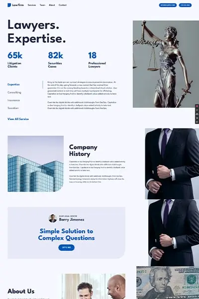 Ukázka responzivní WordPress šablony s názvem "Právnická Firma", která je ideální volbou pro moderní a profesionální web advokátní kanceláře.